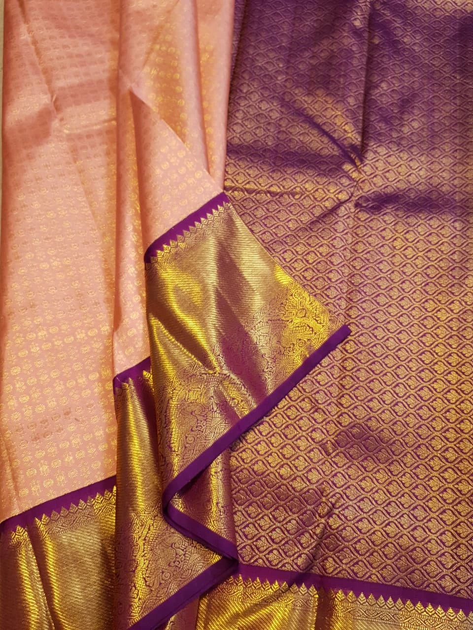 2G Pure Korvai Kanjivaram Silk Saree in Peach Pink with Purple Peacock Border and Rich Gold Zari Pallu | Silkmark Certified
