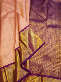 2G Pure Korvai Kanjivaram Silk Saree in Peach Pink with Purple Peacock Border and Rich Gold Zari Pallu | Silkmark Certified