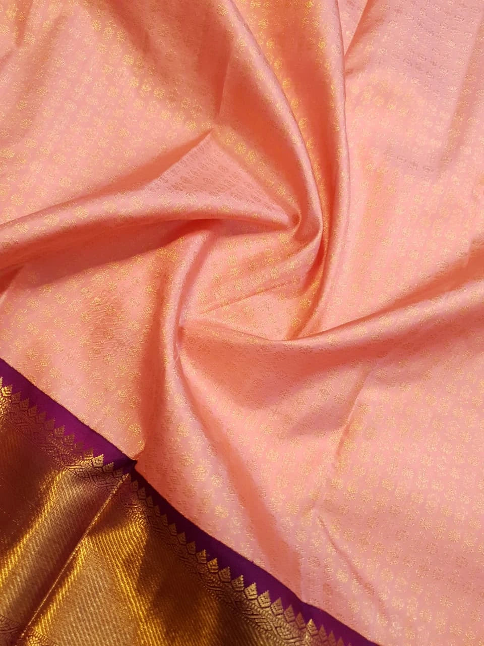 2G Pure Korvai Kanjivaram Silk Saree in Peach Pink with Purple Peacock Border and Rich Gold Zari Pallu | Silkmark Certified