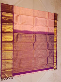 2G Pure Korvai Kanjivaram Silk Saree in Peach Pink with Purple Peacock Border and Rich Gold Zari Pallu | Silkmark Certified