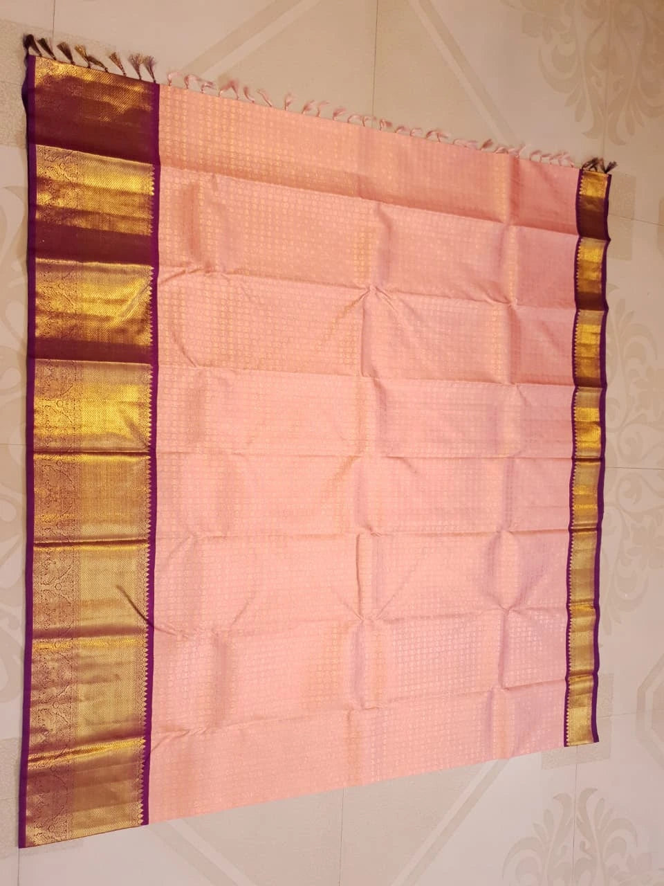 2G Pure Korvai Kanjivaram Silk Saree in Peach Pink with Purple Peacock Border and Rich Gold Zari Pallu | Silkmark Certified
