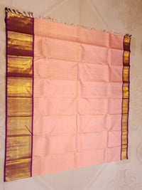 2G Pure Korvai Kanjivaram Silk Saree in Peach Pink with Purple Peacock Border and Rich Gold Zari Pallu | Silkmark Certified