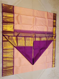 2G Pure Korvai Kanjivaram Silk Saree in Peach Pink with Purple Peacock Border and Rich Gold Zari Pallu | Silkmark Certified