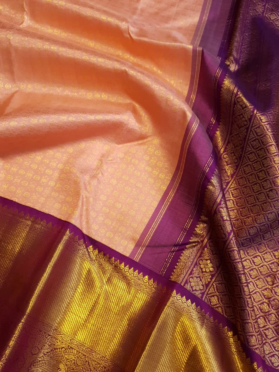 2G Pure Korvai Kanjivaram Silk Saree in Peach Pink with Purple Peacock Border and Rich Gold Zari Pallu | Silkmark Certified