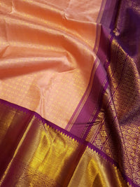 2G Pure Korvai Kanjivaram Silk Saree in Peach Pink with Purple Peacock Border and Rich Gold Zari Pallu | Silkmark Certified