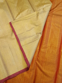 2G Pure Kanjivaram Silk Saree in Golden Yellow with Rich Orange-Gold Zari Pallu and Maroon Contrast Edges | Silkmark Certified