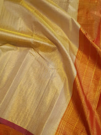 2G Pure Kanjivaram Silk Saree in Golden Yellow with Rich Orange-Gold Zari Pallu and Maroon Contrast Edges | Silkmark Certified