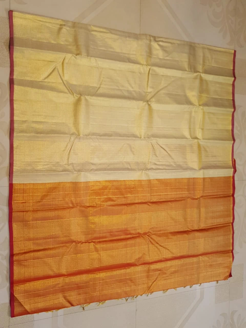 2G Pure Kanjivaram Silk Saree in Golden Yellow with Rich Orange-Gold Zari Pallu and Maroon Contrast Edges | Silkmark Certified
