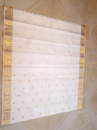 2G Pure Kanjivaram Silk Saree in Off-White with Peach Accents and Peacock Buttas with Rich Gold Zari Border | Silkmark Certified