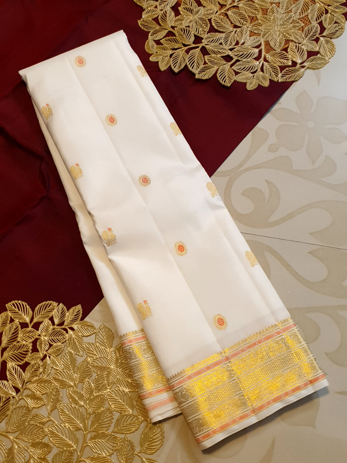 2G Pure Kanjivaram Silk Saree in Off-White with Peach Accents and Peacock Buttas with Rich Gold Zari Border | Silkmark Certified