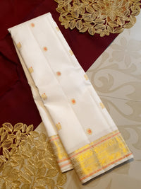2G Pure Kanjivaram Silk Saree in Off-White with Peach Accents and Peacock Buttas with Rich Gold Zari Border | Silkmark Certified
