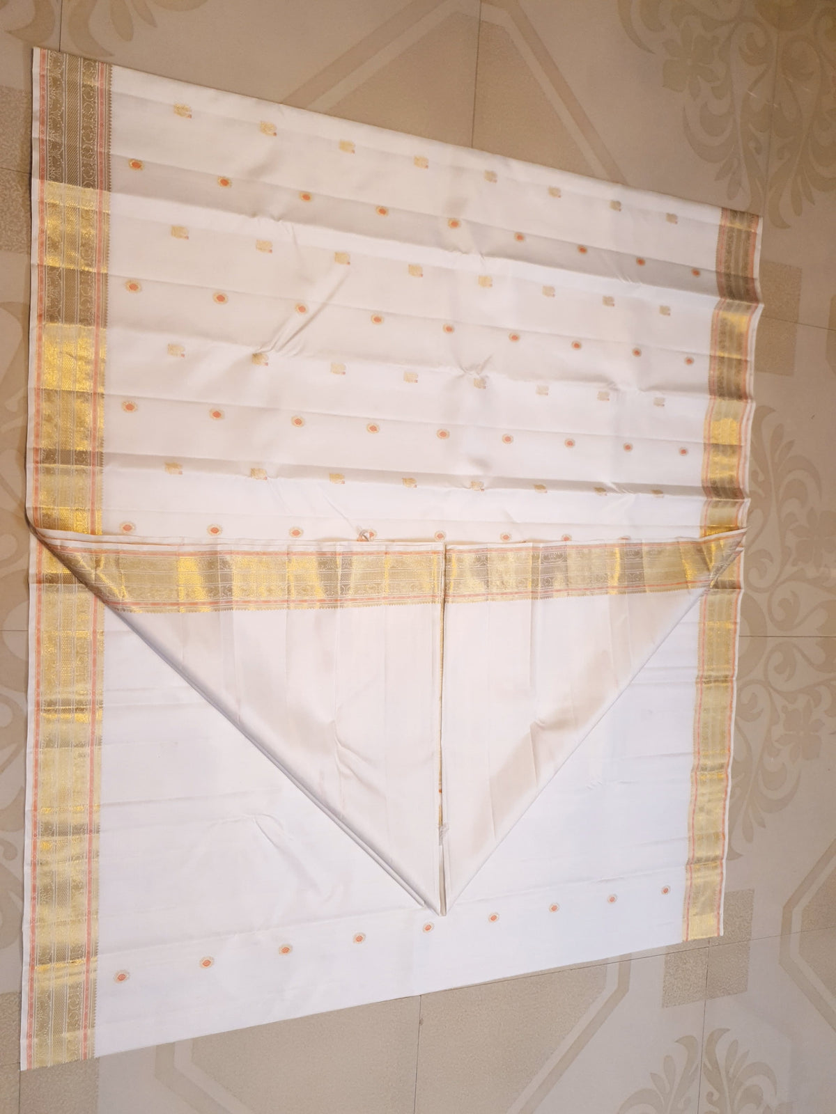 2G Pure Kanjivaram Silk Saree in Off-White with Peach Accents and Peacock Buttas with Rich Gold Zari Border | Silkmark Certified