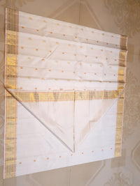 2G Pure Kanjivaram Silk Saree in Off-White with Peach Accents and Peacock Buttas with Rich Gold Zari Border | Silkmark Certified