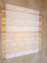 2G Pure Kanjivaram Silk Saree in Off-White with Peach Accents and Peacock Buttas with Rich Gold Zari Border | Silkmark Certified