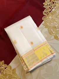 2G Pure Kanjivaram Silk Saree in Off-White with Peach Accents and Peacock Buttas with Rich Gold Zari Border | Silkmark Certified