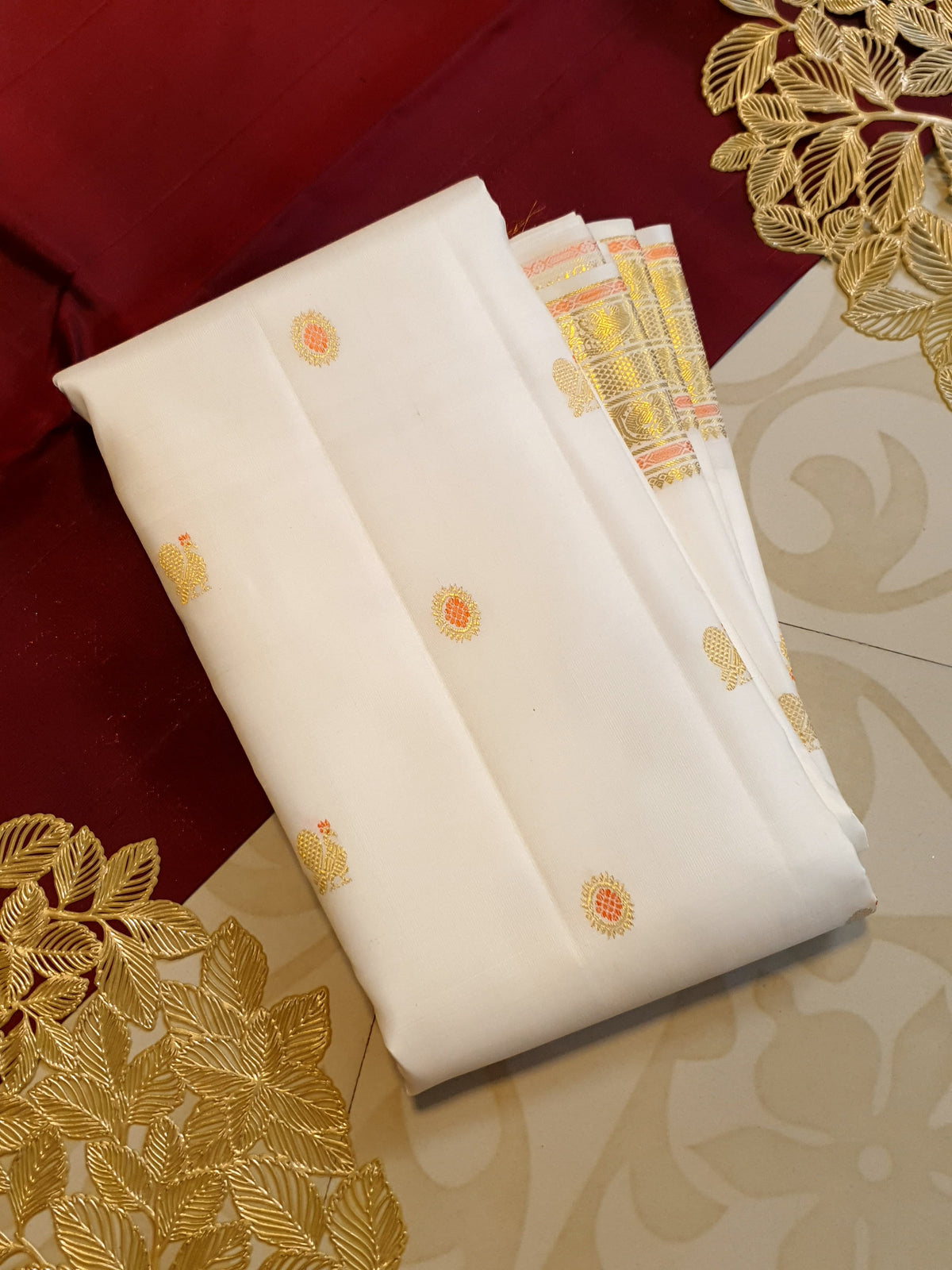 2G Pure Kanjivaram Silk Saree in Off-White with Peach Accents and Peacock Buttas with Rich Gold Zari Border | Silkmark Certified