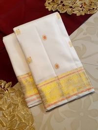 2G Pure Kanjivaram Silk Saree in Off-White with Peach Accents and Peacock Buttas with Rich Gold Zari Border | Silkmark Certified