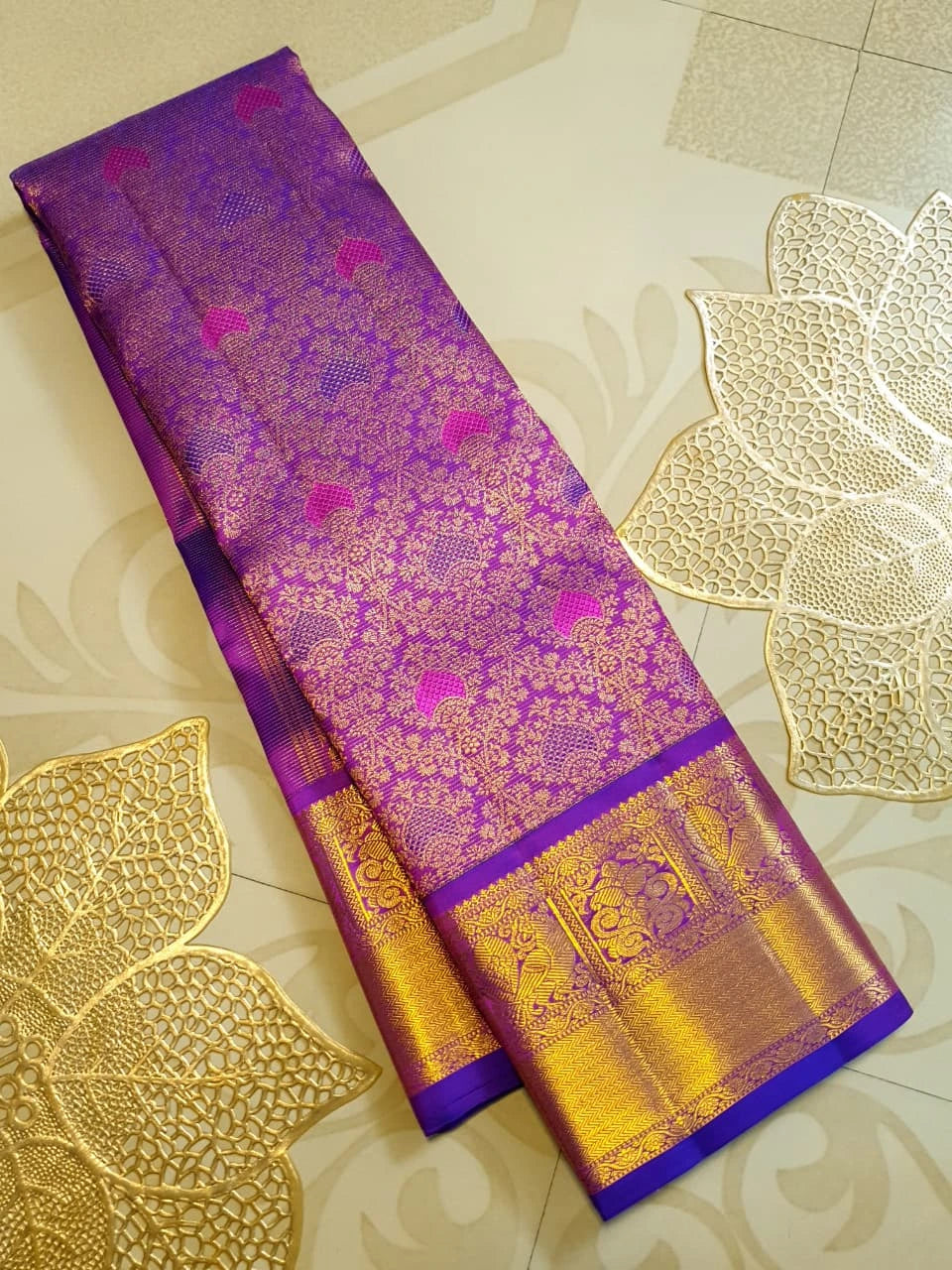 2G Pure Zari Kanjivaram Silk Saree in Rich Purple with Magenta Paisley Buttas and Traditional Gold Zari Border | Silkmark Certified