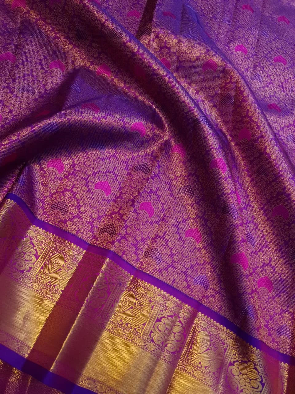 2G Pure Zari Kanjivaram Silk Saree in Rich Purple with Magenta Paisley Buttas and Traditional Gold Zari Border | Silkmark Certified