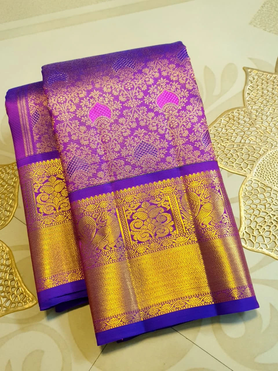 2G Pure Zari Kanjivaram Silk Saree in Rich Purple with Magenta Paisley Buttas and Traditional Gold Zari Border | Silkmark Certified