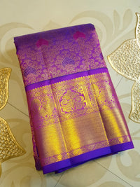 2G Pure Zari Kanjivaram Silk Saree in Rich Purple with Magenta Paisley Buttas and Traditional Gold Zari Border | Silkmark Certified