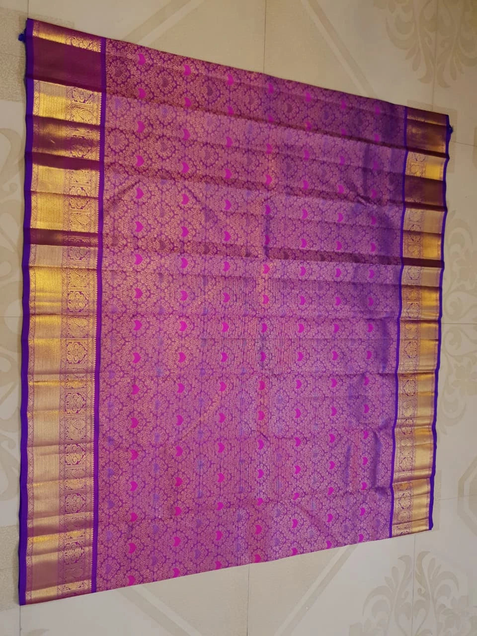 2G Pure Zari Kanjivaram Silk Saree in Rich Purple with Magenta Paisley Buttas and Traditional Gold Zari Border | Silkmark Certified