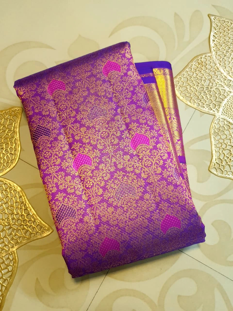 2G Pure Zari Kanjivaram Silk Saree in Rich Purple with Magenta Paisley Buttas and Traditional Gold Zari Border | Silkmark Certified