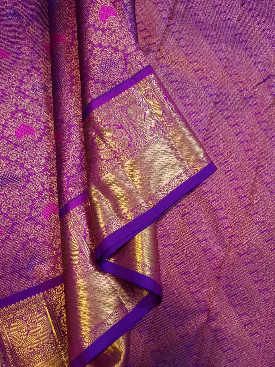 2G Pure Zari Kanjivaram Silk Saree in Rich Purple with Magenta Paisley Buttas and Traditional Gold Zari Border | Silkmark Certified