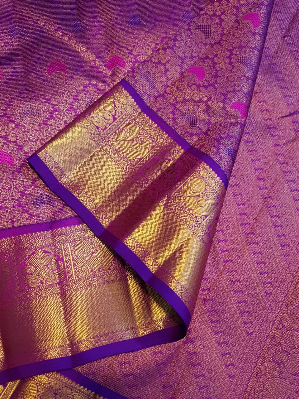 2G Pure Zari Kanjivaram Silk Saree in Rich Purple with Magenta Paisley Buttas and Traditional Gold Zari Border | Silkmark Certified
