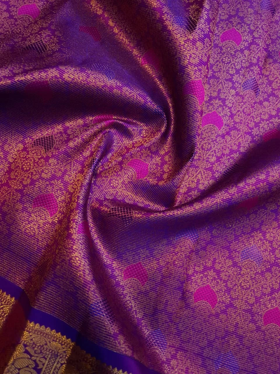 2G Pure Zari Kanjivaram Silk Saree in Rich Purple with Magenta Paisley Buttas and Traditional Gold Zari Border | Silkmark Certified