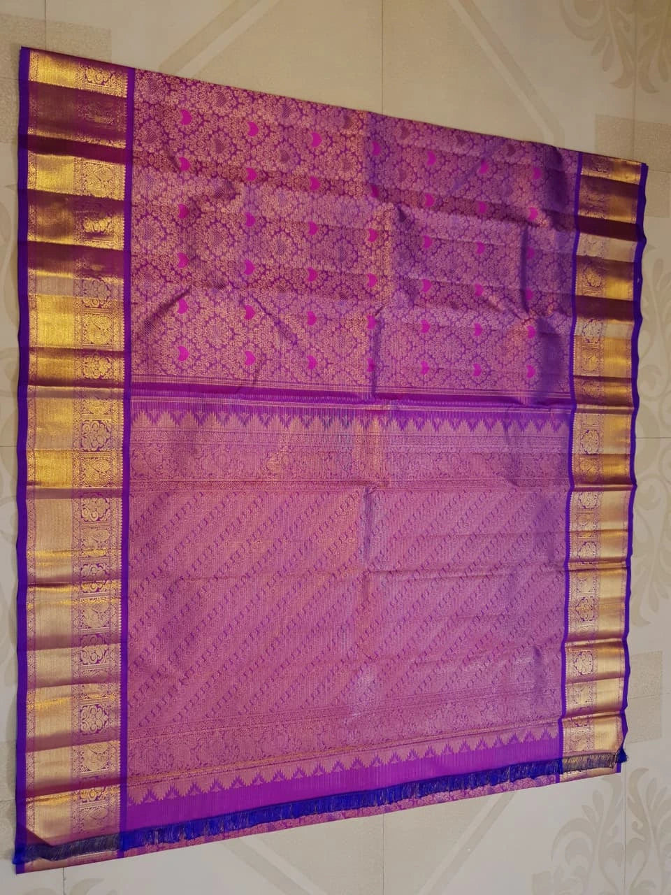2G Pure Zari Kanjivaram Silk Saree in Rich Purple with Magenta Paisley Buttas and Traditional Gold Zari Border | Silkmark Certified