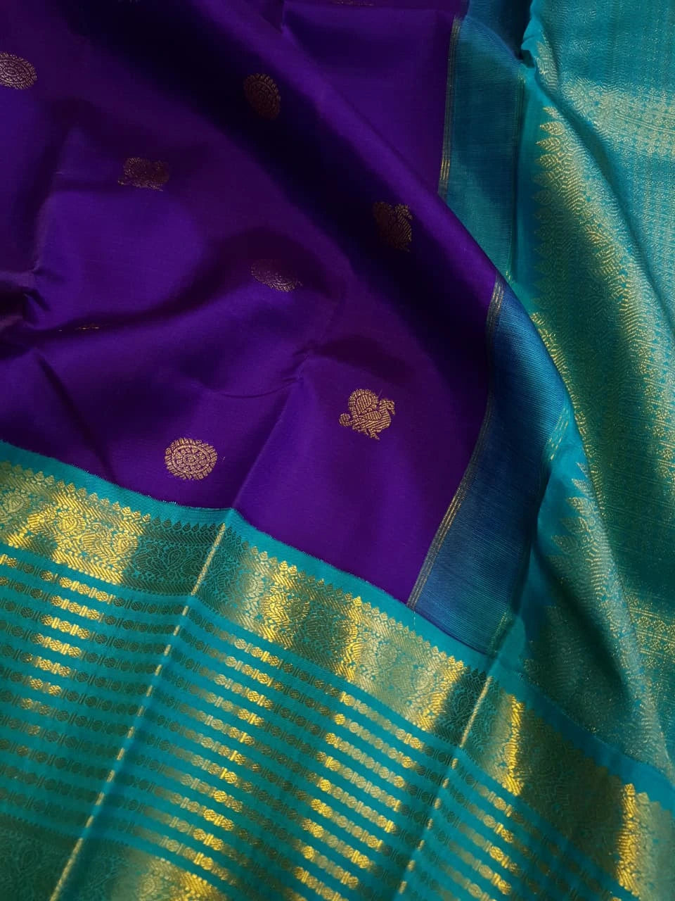 2G Pure Korvai Kanjivaram Silk Saree in Rich Purple with Turquoise Blue Peacock Border and Peacock Butta | Silkmark Certified