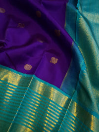 2G Pure Korvai Kanjivaram Silk Saree in Rich Purple with Turquoise Blue Peacock Border and Peacock Butta | Silkmark Certified