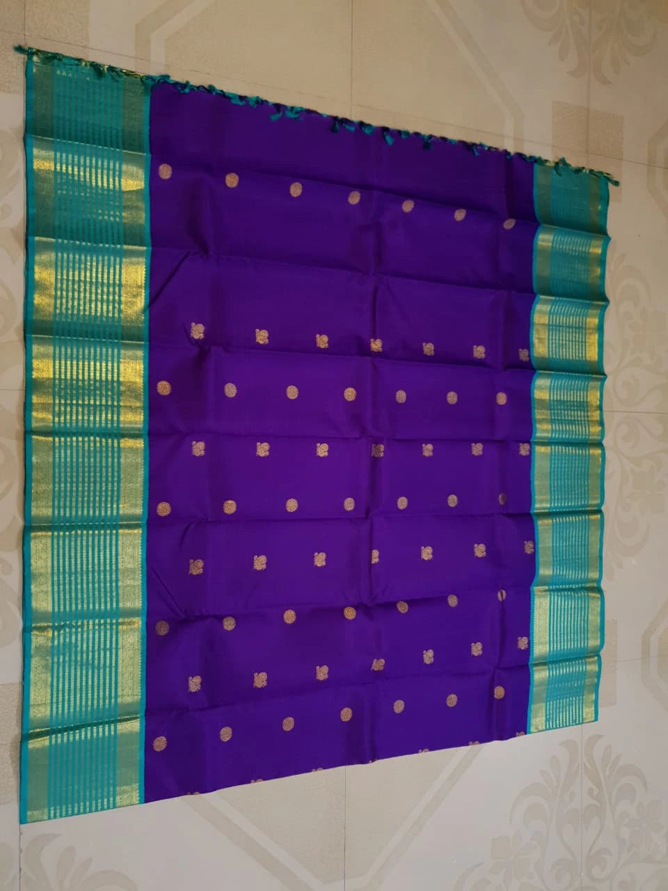 2G Pure Korvai Kanjivaram Silk Saree in Rich Purple with Turquoise Blue Peacock Border and Peacock Butta | Silkmark Certified