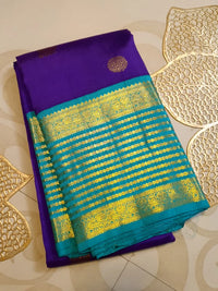 2G Pure Korvai Kanjivaram Silk Saree in Rich Purple with Turquoise Blue Peacock Border and Peacock Butta | Silkmark Certified