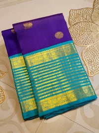 2G Pure Korvai Kanjivaram Silk Saree in Rich Purple with Turquoise Blue Peacock Border and Peacock Butta | Silkmark Certified