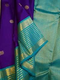 2G Pure Korvai Kanjivaram Silk Saree in Rich Purple with Turquoise Blue Peacock Border and Peacock Butta | Silkmark Certified