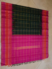 2G Pure Kanjivaram Silk Saree in Bottle Green with Magenta and Coral Pink Contrast Border, Checks and Gold Zari | Silkmark Certified