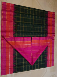 2G Pure Kanjivaram Silk Saree in Bottle Green with Magenta and Coral Pink Contrast Border, Checks and Gold Zari | Silkmark Certified
