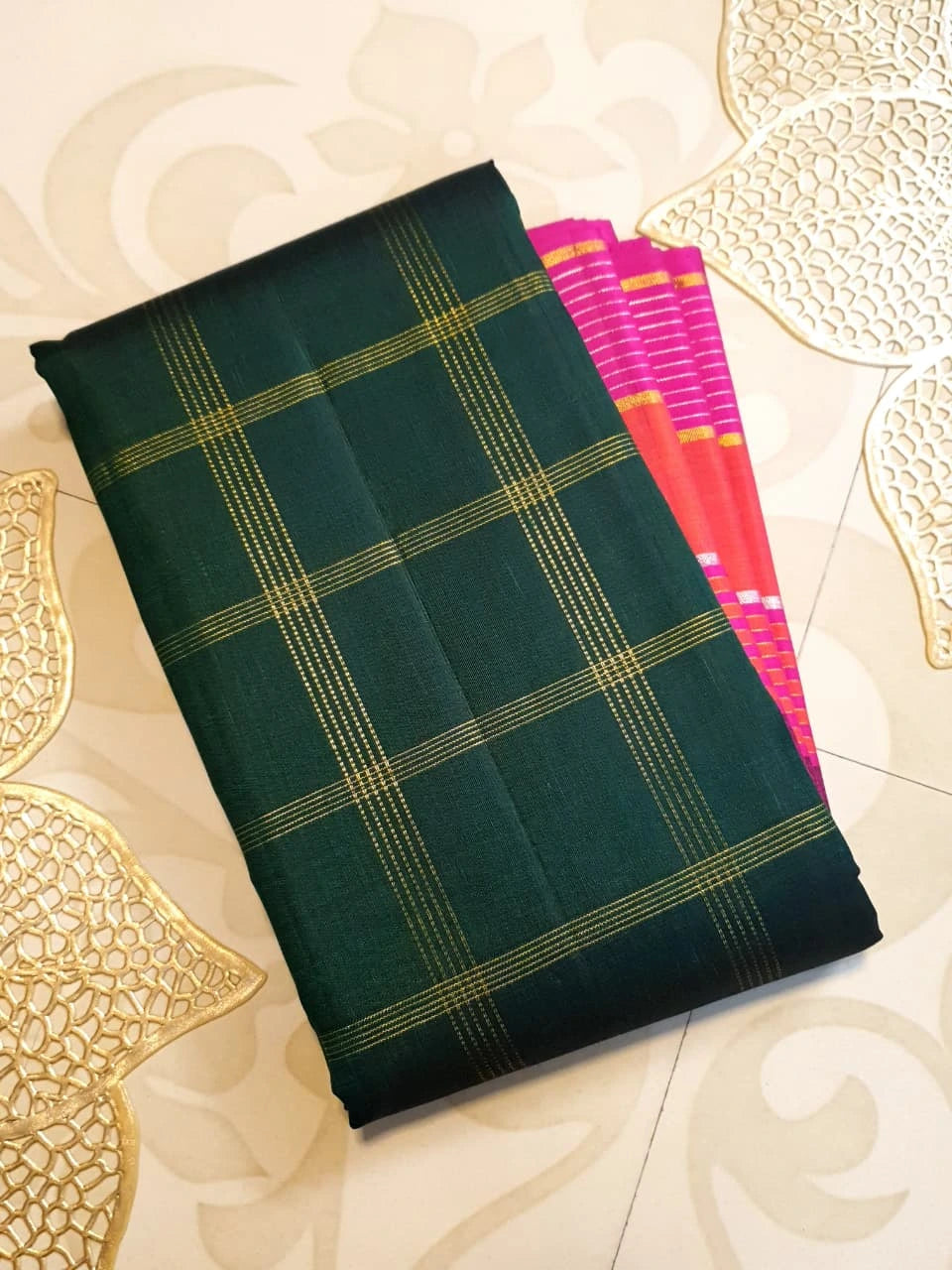 2G Pure Kanjivaram Silk Saree in Bottle Green with Magenta and Coral Pink Contrast Border, Checks and Gold Zari | Silkmark Certified