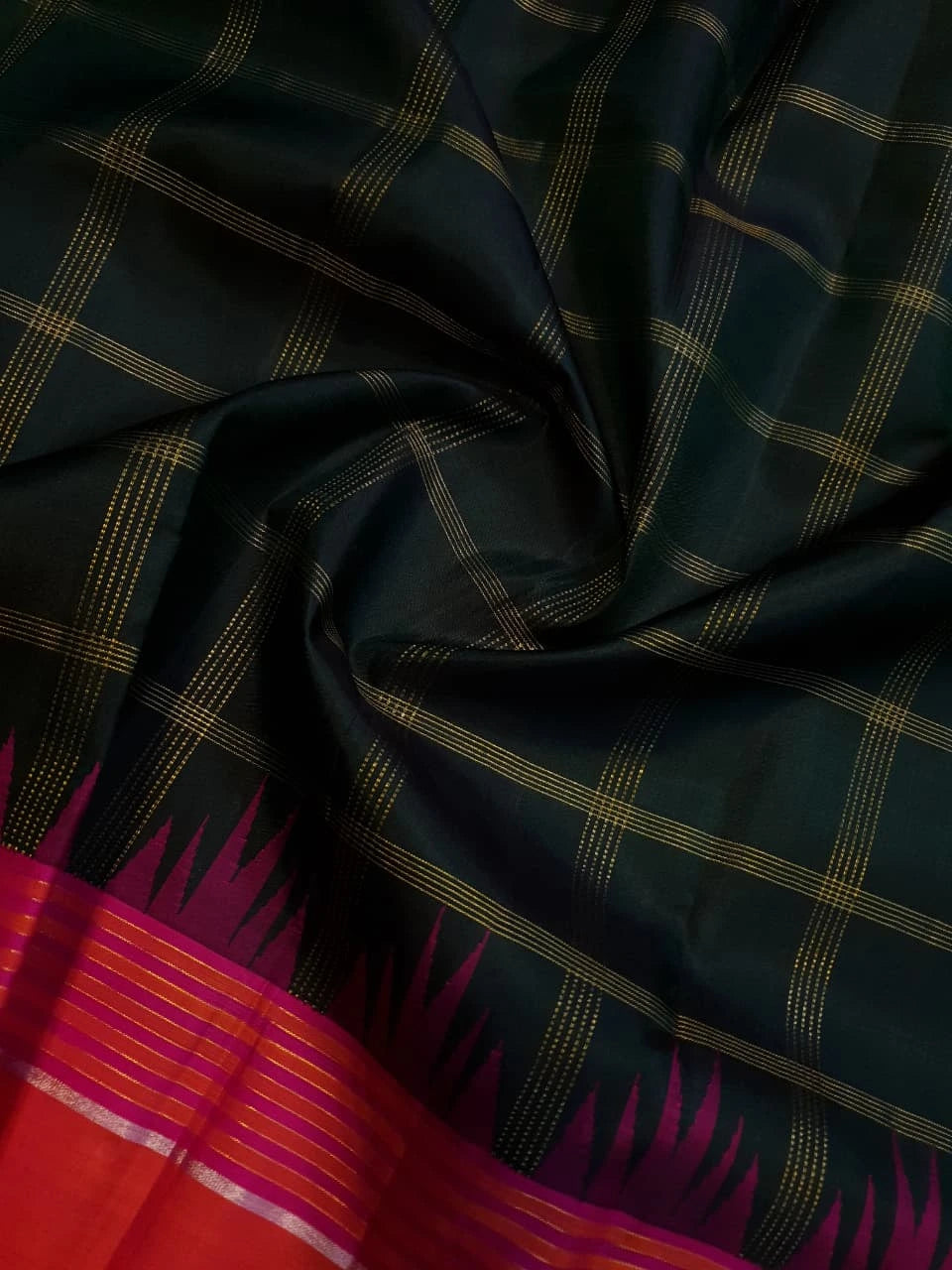 2G Pure Kanjivaram Silk Saree in Bottle Green with Magenta and Coral Pink Contrast Border, Checks and Gold Zari | Silkmark Certified