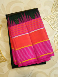 2G Pure Kanjivaram Silk Saree in Bottle Green with Magenta and Coral Pink Contrast Border, Checks and Gold Zari | Silkmark Certified