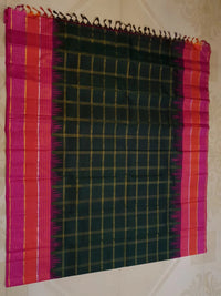 2G Pure Kanjivaram Silk Saree in Bottle Green with Magenta and Coral Pink Contrast Border, Checks and Gold Zari | Silkmark Certified