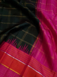 2G Pure Kanjivaram Silk Saree in Bottle Green with Magenta and Coral Pink Contrast Border, Checks and Gold Zari | Silkmark Certified