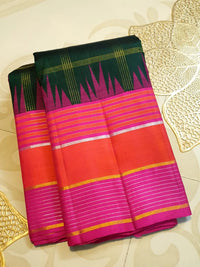 2G Pure Kanjivaram Silk Saree in Bottle Green with Magenta and Coral Pink Contrast Border, Checks and Gold Zari | Silkmark Certified