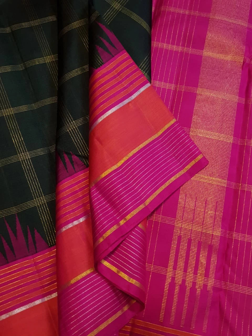 2G Pure Kanjivaram Silk Saree in Bottle Green with Magenta and Coral Pink Contrast Border, Checks and Gold Zari | Silkmark Certified