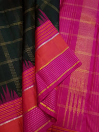 2G Pure Kanjivaram Silk Saree in Bottle Green with Magenta and Coral Pink Contrast Border, Checks and Gold Zari | Silkmark Certified