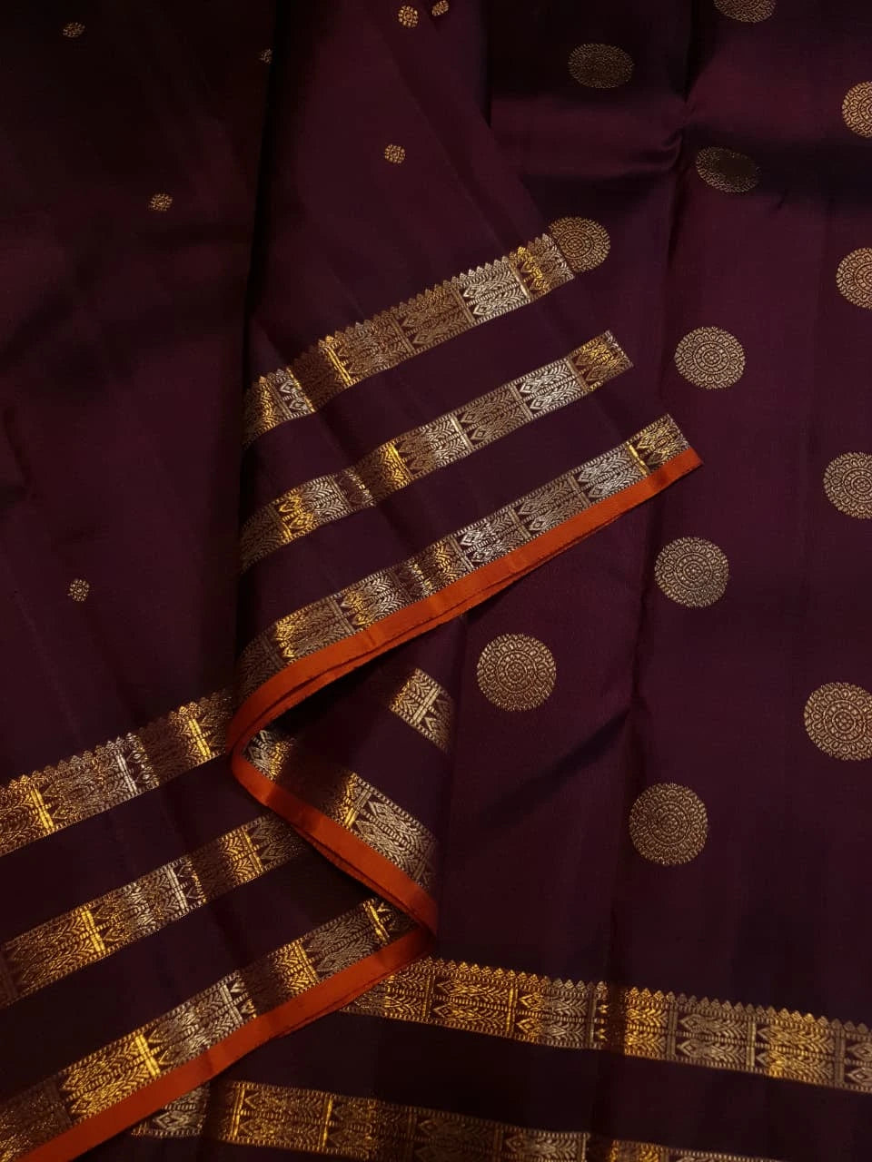 3G Pure Zari Kanjivaram Silk Saree in Deep Wine Purple with Gold Zari Buttas and Traditional Triple Zari Border | Silkmark Certified