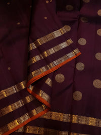 3G Pure Zari Kanjivaram Silk Saree in Deep Wine Purple with Gold Zari Buttas and Traditional Triple Zari Border | Silkmark Certified