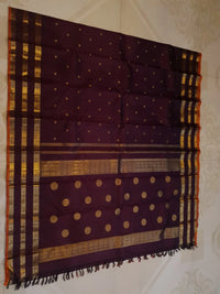 3G Pure Zari Kanjivaram Silk Saree in Deep Wine Purple with Gold Zari Buttas and Traditional Triple Zari Border | Silkmark Certified